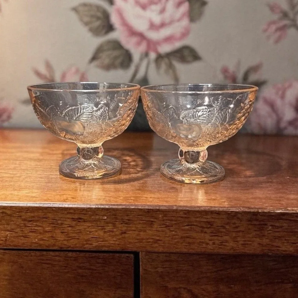 Pasabahce Pink Dessert Bowls, Set of 2, Vintage‎ Fruit Design, Footed Glassware